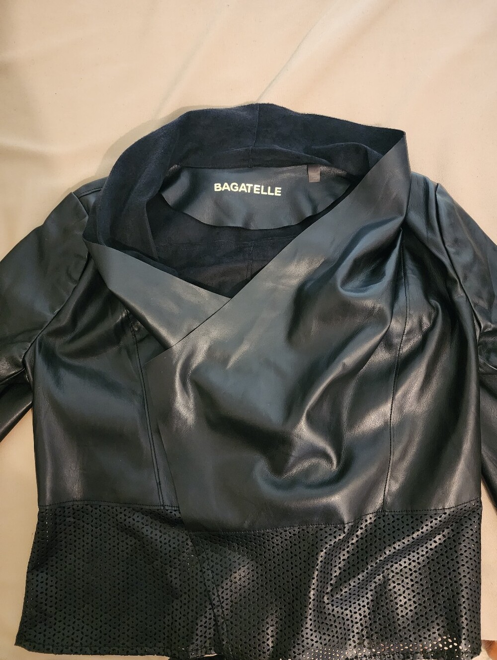 Bagatelle Black Faux Leather Perforated Hem Jacket with Draped Collar